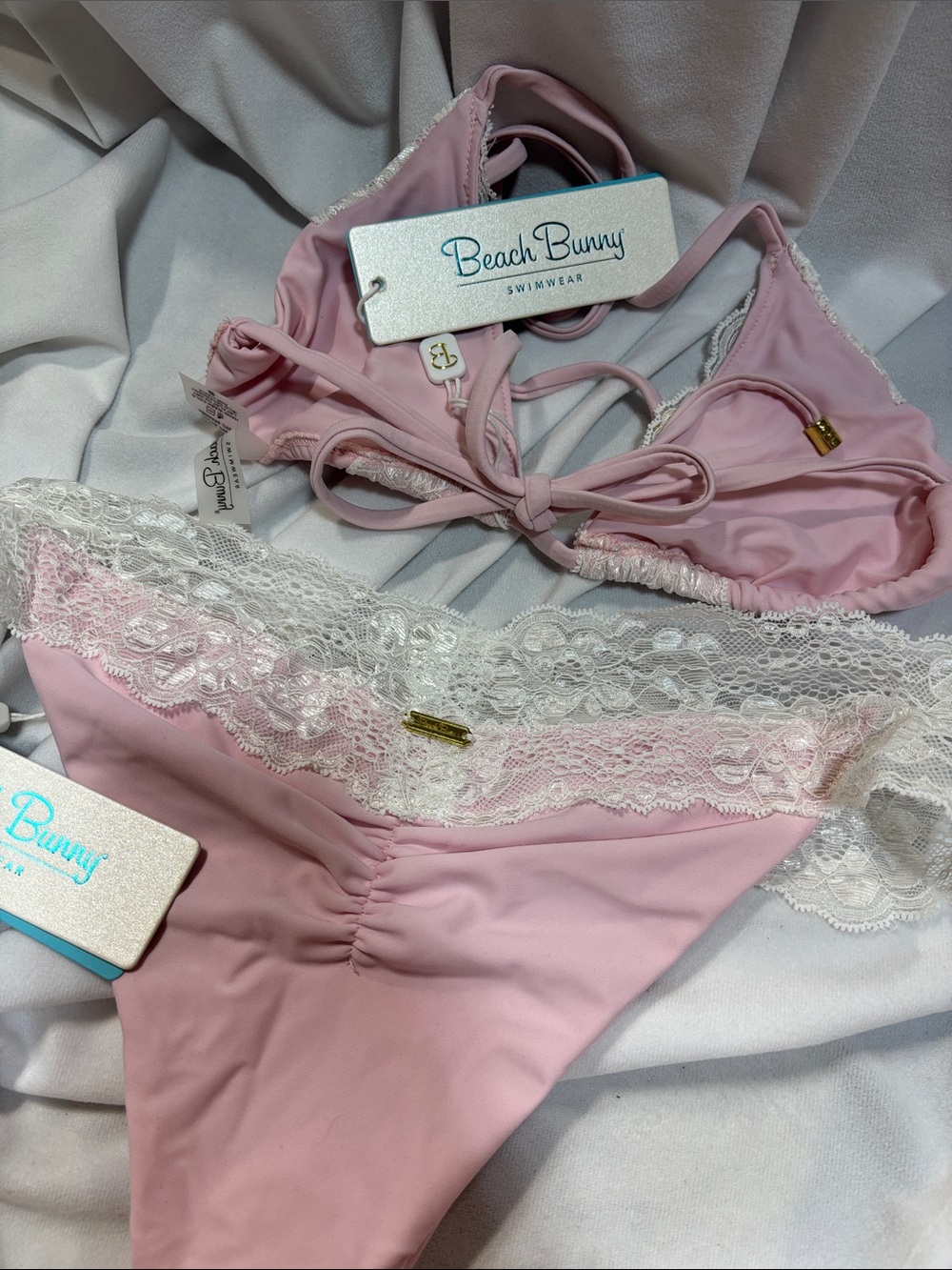 BEACH BUNNY Tri top 2 PIECE BIKINI skimpy LADY LACE SOFT BABY PINK SET NWT S - Picture 10 of 16